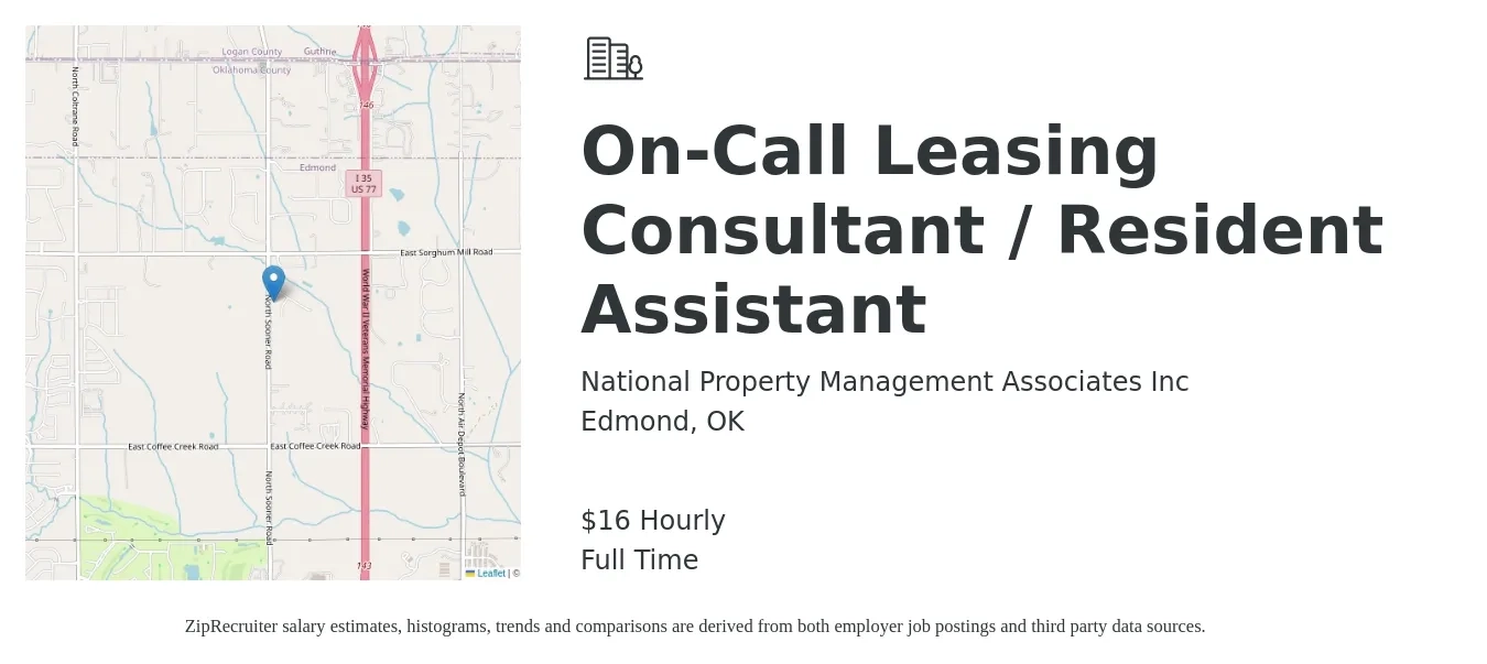 National Property Management Associates Inc job posting for a On-Call Leasing Consultant / Resident Assistant in Edmond, OK with a salary of $17 Hourly with a map of Edmond location.