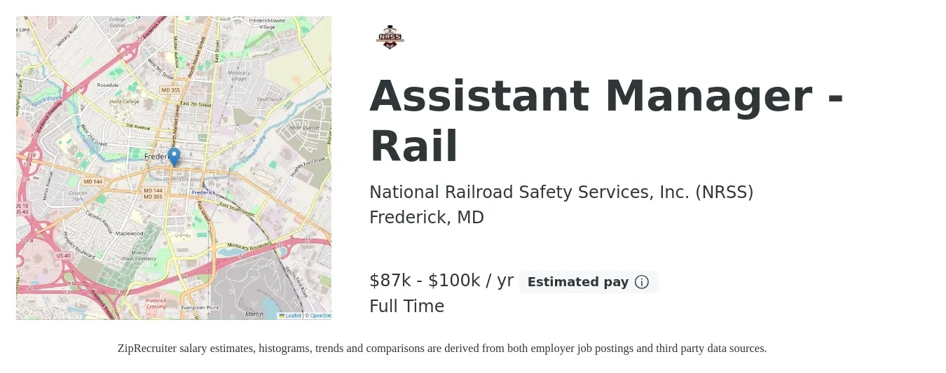 National Railroad Safety Services, Inc. (NRSS) job posting for a Assistant Manager - Rail in Frederick, MD with a salary of $87,000 to $100,000 Yearly with a map of Frederick location.
