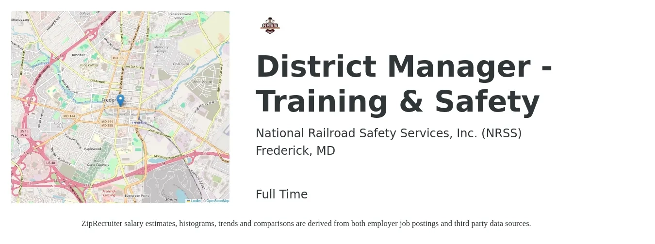 National Railroad Safety Services, Inc. (NRSS) job posting for a District Manager - Training & Safety in Frederick, MD with a salary of $51,700 to $75,100 Yearly with a map of Frederick location.