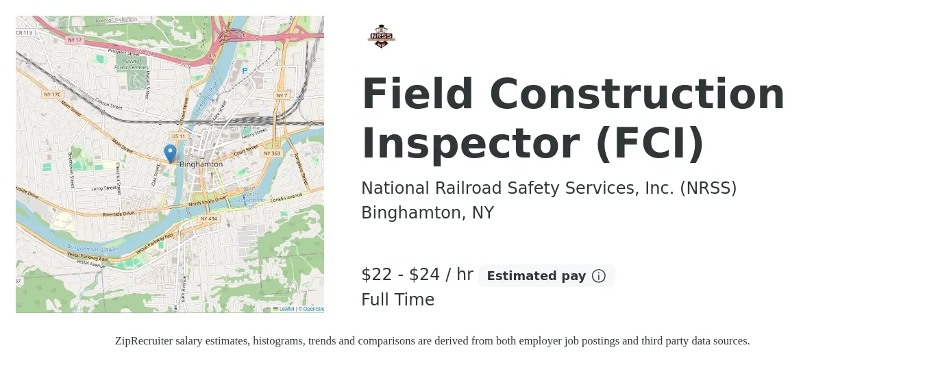 National Railroad Safety Services, Inc. (NRSS) job posting for a Field Construction Inspector (FCI) in Binghamton, NY with a salary of $23 to $25 Hourly with a map of Binghamton location.