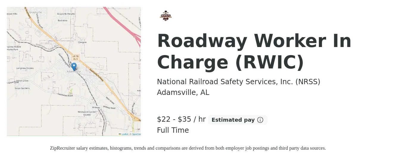 National Railroad Safety Services, Inc. (NRSS) job posting for a Roadway Worker In Charge (RWIC) in Adamsville, AL with a salary of $23 to $37 Hourly with a map of Adamsville location.