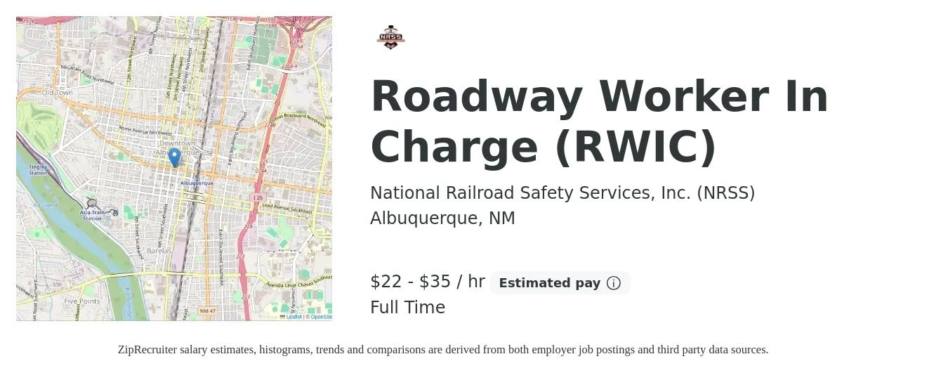 National Railroad Safety Services, Inc. (NRSS) job posting for a Roadway Worker In Charge (RWIC) in Albuquerque, NM with a salary of $23 to $37 Hourly with a map of Albuquerque location.