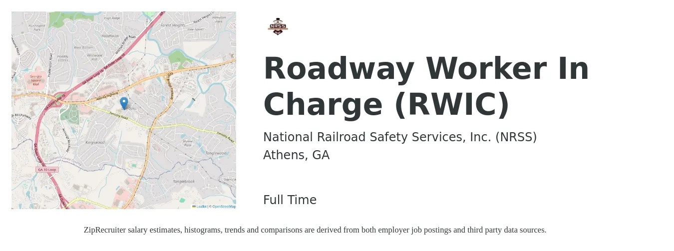 National Railroad Safety Services, Inc. (NRSS) job posting for a Roadway Worker In Charge (RWIC) in Athens, GA with a salary of $18 to $25 Hourly with a map of Athens location.