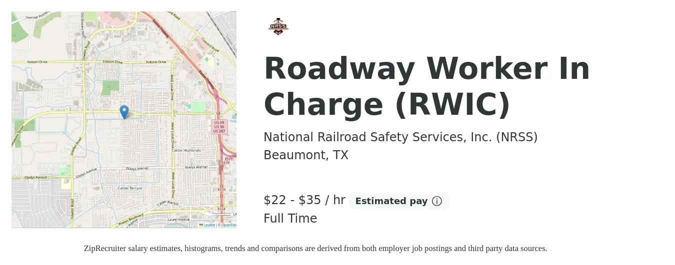 National Railroad Safety Services, Inc. (NRSS) job posting for a Roadway Worker In Charge (RWIC) in Beaumont, TX with a salary of $23 to $37 Hourly with a map of Beaumont location.