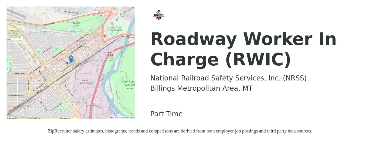 National Railroad Safety Services, Inc. (NRSS) job posting for a Roadway Worker In Charge (RWIC) in Billings Metropolitan Area, MT with a salary of $21 to $28 Hourly with a map of Billings Metropolitan Area location.