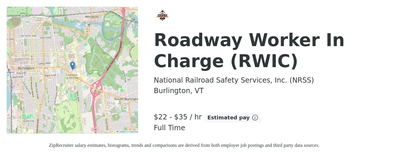 National Railroad Safety Services, Inc. (NRSS) job posting for a Roadway Worker In Charge (RWIC) in Burlington, VT with a salary of $23 to $37 Hourly with a map of Burlington location.