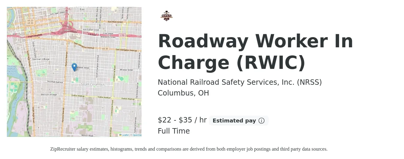National Railroad Safety Services, Inc. (NRSS) job posting for a Roadway Worker In Charge (RWIC) in Columbus, OH with a salary of $23 to $37 Hourly with a map of Columbus location.
