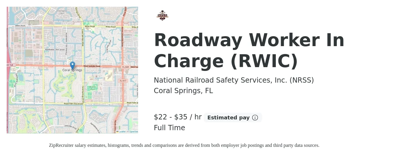 National Railroad Safety Services, Inc. (NRSS) job posting for a Roadway Worker In Charge (RWIC) in Coral Springs, FL with a salary of $23 to $37 Hourly with a map of Coral Springs location.