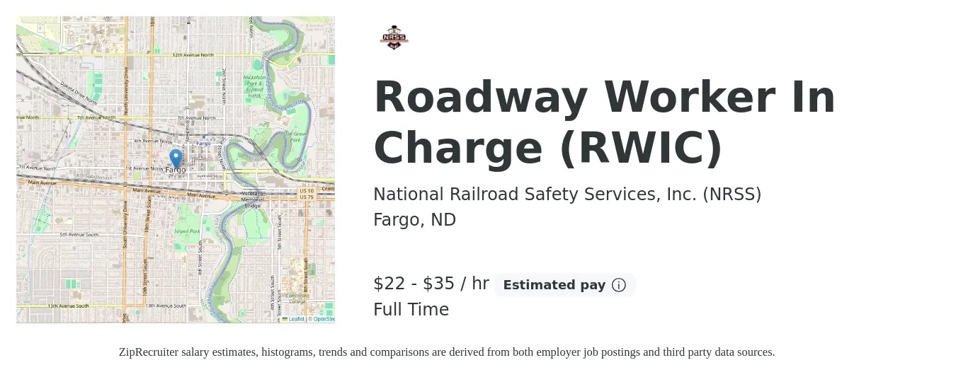 National Railroad Safety Services, Inc. (NRSS) job posting for a Roadway Worker In Charge (RWIC) in Fargo, ND with a salary of $23 to $37 Hourly with a map of Fargo location.
