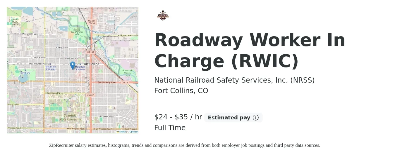 National Railroad Safety Services, Inc. (NRSS) job posting for a Roadway Worker In Charge (RWIC) in Fort Collins, CO with a salary of $25 to $37 Hourly with a map of Fort Collins location.