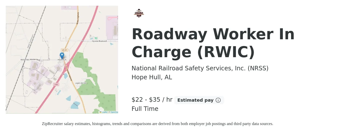 National Railroad Safety Services, Inc. (NRSS) job posting for a Roadway Worker In Charge (RWIC) in Hope Hull, AL with a salary of $23 to $37 Hourly with a map of Hope Hull location.