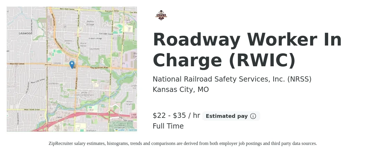 National Railroad Safety Services, Inc. (NRSS) job posting for a Roadway Worker In Charge (RWIC) in Kansas City, MO with a salary of $23 to $37 Hourly with a map of Kansas City location.