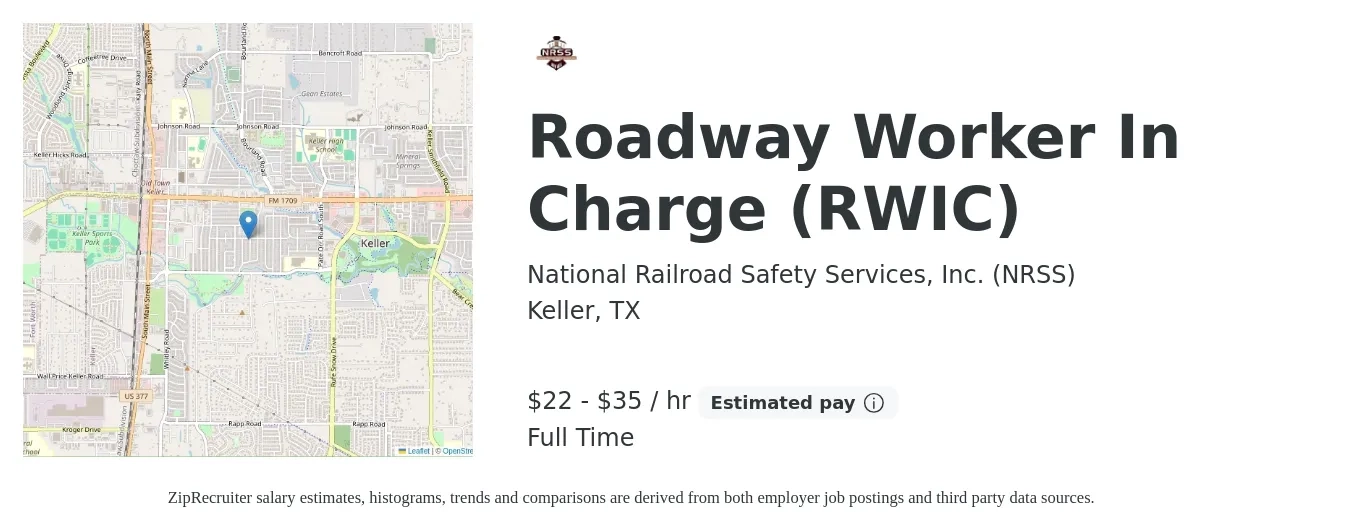 National Railroad Safety Services, Inc. (NRSS) job posting for a Roadway Worker In Charge (RWIC) in Keller, TX with a salary of $23 to $37 Hourly with a map of Keller location.