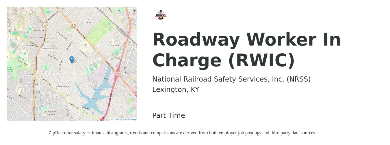 National Railroad Safety Services, Inc. (NRSS) job posting for a Roadway Worker In Charge (RWIC) in Lexington, KY with a salary of $18 to $24 Hourly with a map of Lexington location.