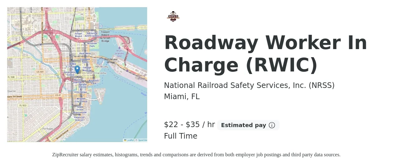 National Railroad Safety Services, Inc. (NRSS) job posting for a Roadway Worker In Charge (RWIC) in Miami, FL with a salary of $23 to $37 Hourly with a map of Miami location.