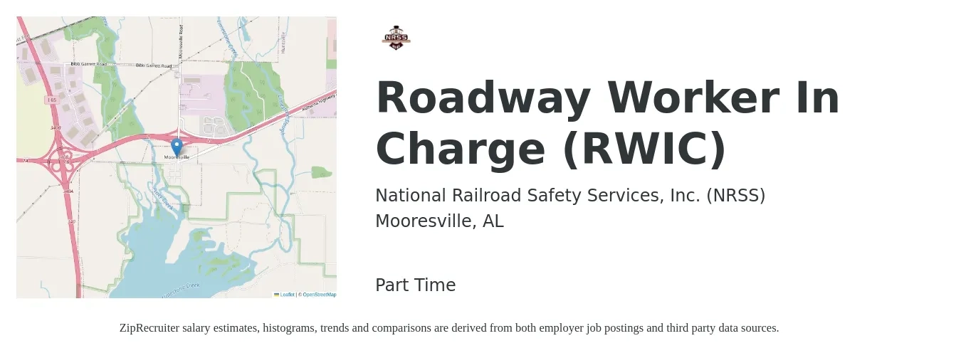 National Railroad Safety Services, Inc. (NRSS) job posting for a Roadway Worker In Charge (RWIC) in Mooresville, AL with a salary of $23 to $37 Hourly with a map of Mooresville location.