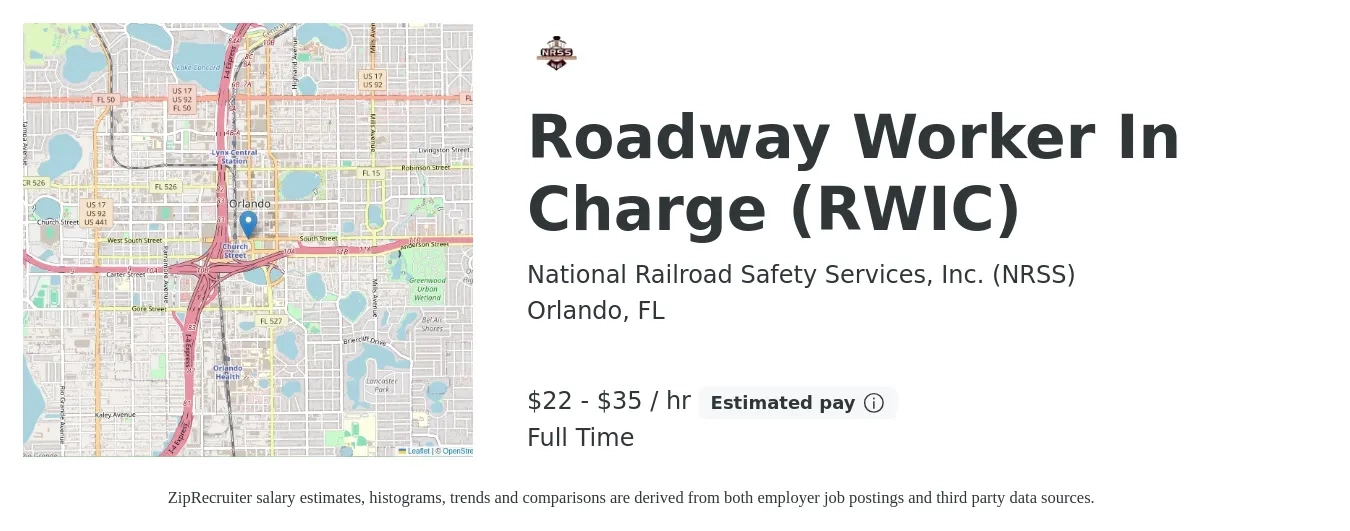 National Railroad Safety Services, Inc. (NRSS) job posting for a Roadway Worker In Charge (RWIC) in Orlando, FL with a salary of $23 to $37 Hourly with a map of Orlando location.