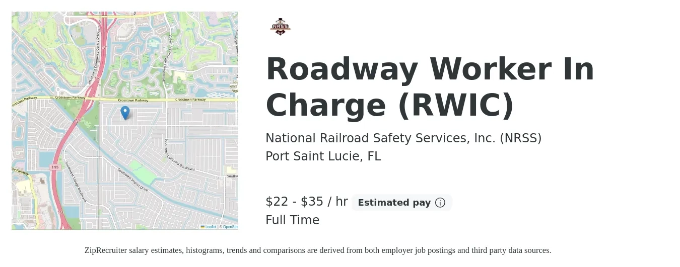 National Railroad Safety Services, Inc. (NRSS) job posting for a Roadway Worker In Charge (RWIC) in Port Saint Lucie, FL with a salary of $23 to $37 Hourly with a map of Port Saint Lucie location.