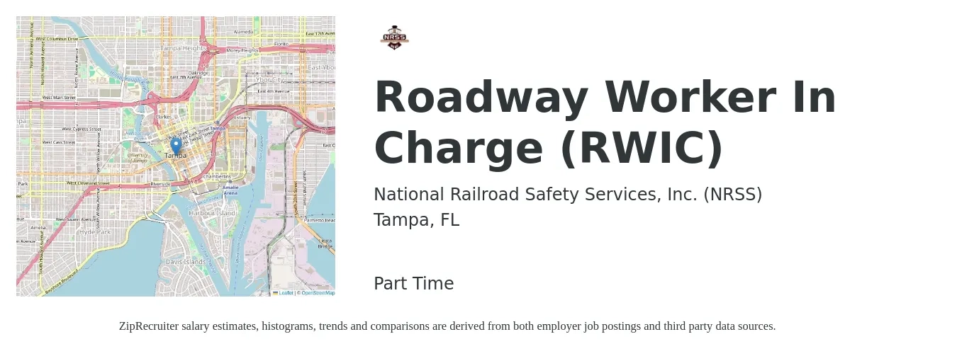 National Railroad Safety Services, Inc. (NRSS) job posting for a Roadway Worker In Charge (RWIC) in Tampa, FL with a salary of $23 to $37 Hourly with a map of Tampa location.