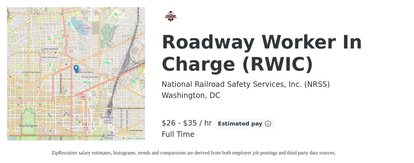 National Railroad Safety Services, Inc. (NRSS) job posting for a Roadway Worker In Charge (RWIC) in Washington, DC with a salary of $28 to $37 Hourly with a map of Washington location.
