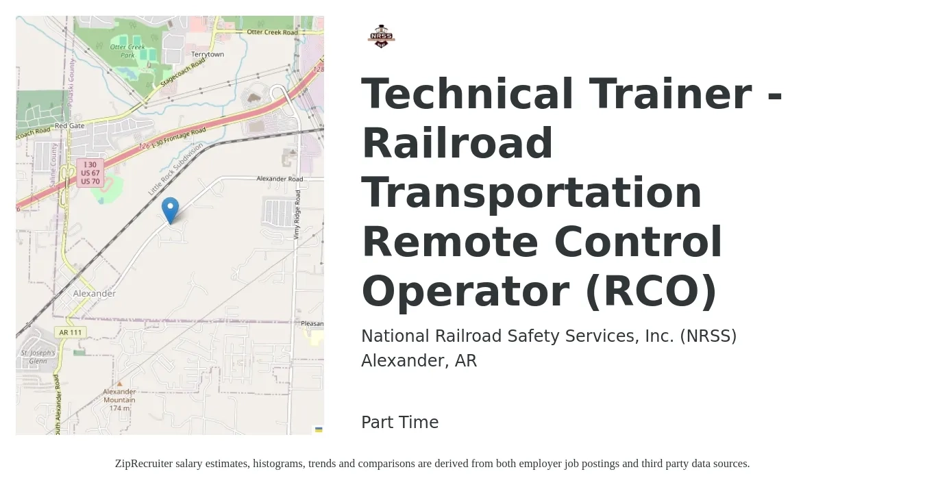 National Railroad Safety Services, Inc. (NRSS) job posting for a Technical Trainer - Railroad Transportation Remote Control Operator (RCO) in Alexander, AR with a salary of $31 to $41 Hourly with a map of Alexander location.