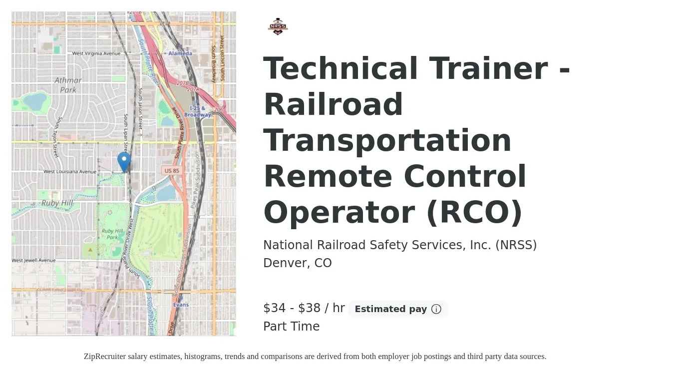 National Railroad Safety Services, Inc. (NRSS) job posting for a Technical Trainer - Railroad Transportation Remote Control Operator (RCO) in Denver, CO with a salary of $36 to $40 Hourly with a map of Denver location.