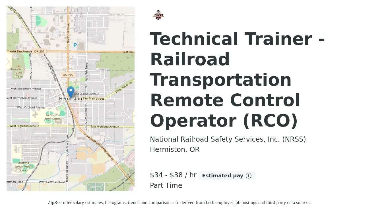 National Railroad Safety Services, Inc. (NRSS) job posting for a Technical Trainer - Railroad Transportation Remote Control Operator (RCO) in Hermiston, OR with a salary of $36 to $40 Hourly with a map of Hermiston location.