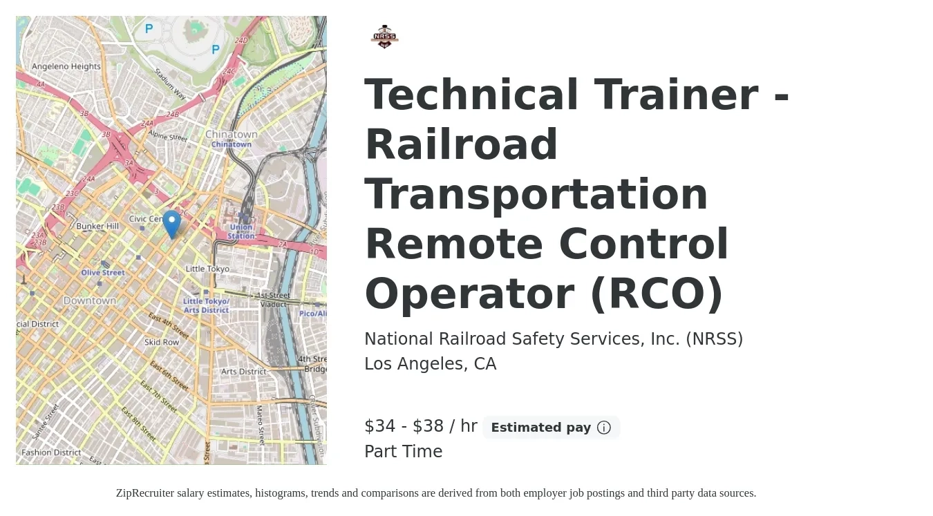 National Railroad Safety Services, Inc. (NRSS) job posting for a Technical Trainer - Railroad Transportation Remote Control Operator (RCO) in Los Angeles, CA with a salary of $36 to $40 Hourly with a map of Los Angeles location.