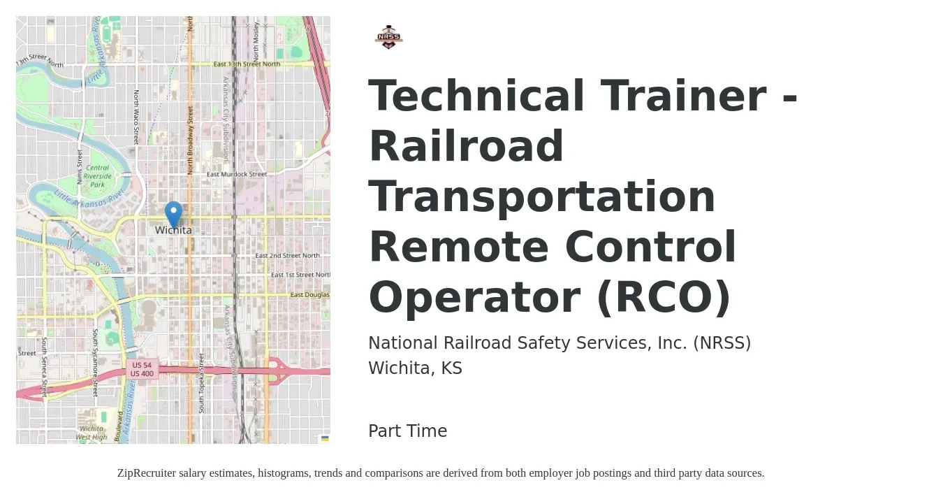 National Railroad Safety Services, Inc. (NRSS) job posting for a Technical Trainer - Railroad Transportation Remote Control Operator (RCO) in Wichita, KS with a salary of $27 to $36 Hourly with a map of Wichita location.