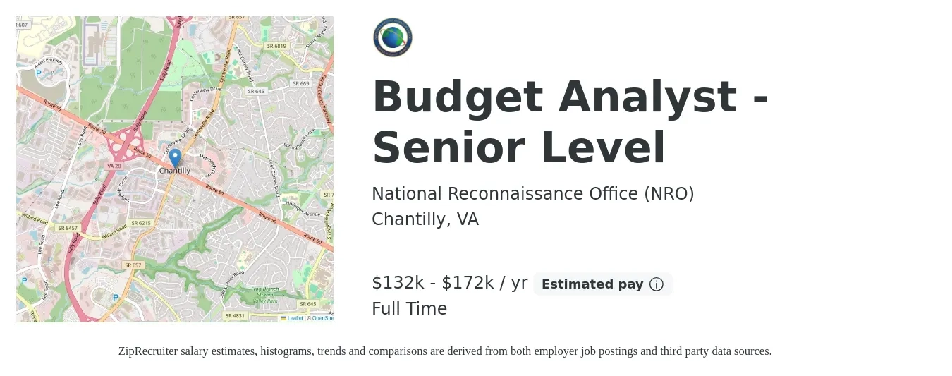 National Reconnaissance Office (NRO) job posting for a Budget Analyst - Senior Level in Chantilly, VA with a salary of $132,368 to $172,075 Yearly with a map of Chantilly location.