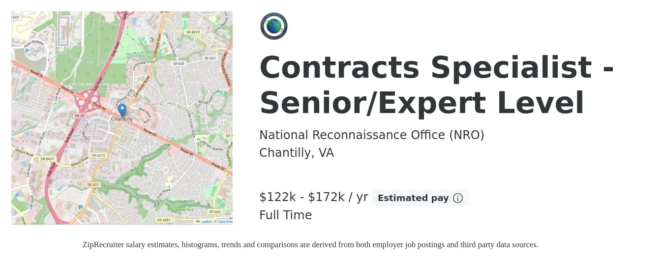 National Reconnaissance Office (NRO) job posting for a Contracts Specialist - Senior/Expert Level in Chantilly, VA with a salary of $122,530 to $172,500 Yearly with a map of Chantilly location.