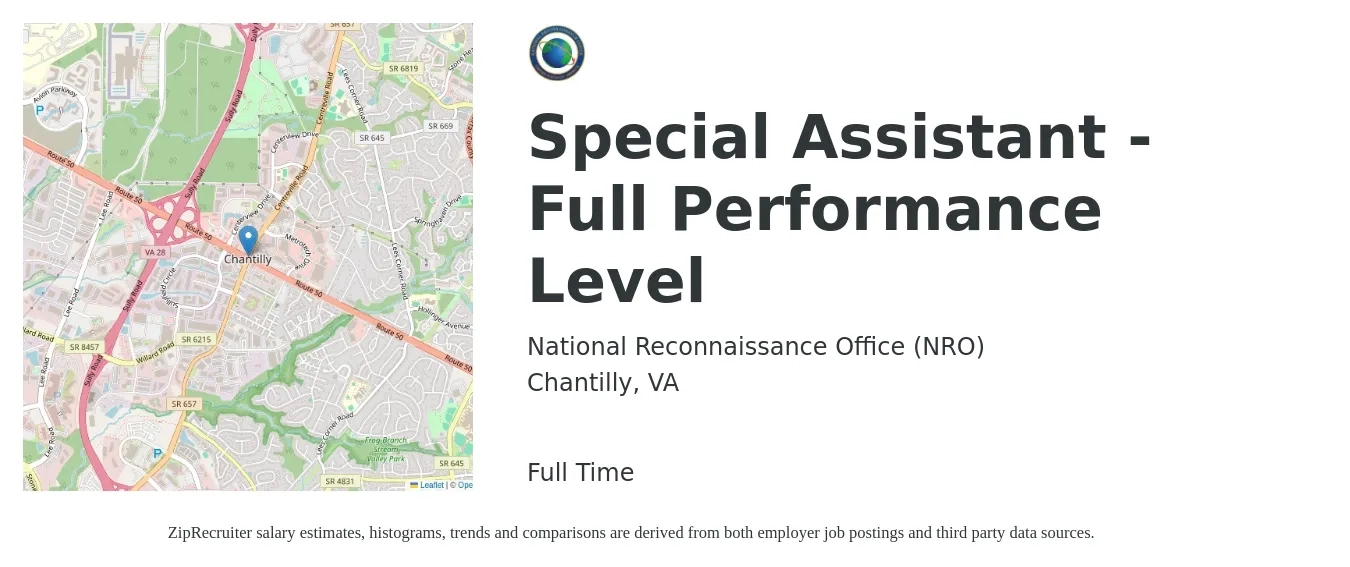 National Reconnaissance Office (NRO) job posting for a Special Assistant - Full Performance Level in Chantilly, VA with a salary of $82,764 to $153,354 Yearly with a map of Chantilly location.