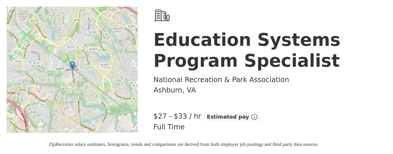 National Recreation & Park Association job posting for a Education Systems Program Specialist in Ashburn, VA with a salary of $29 to $35 Hourly with a map of Ashburn location.