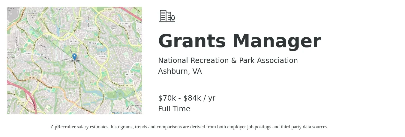 National Recreation & Park Association job posting for a Grants Manager in Ashburn, VA with a salary of $70,202 to $84,226 Yearly with a map of Ashburn location.