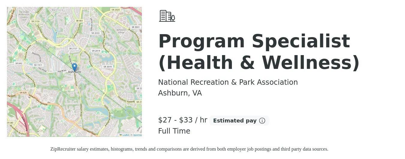 National Recreation & Park Association job posting for a Program Specialist (Health & Wellness) in Ashburn, VA with a salary of $29 to $35 Hourly with a map of Ashburn location.