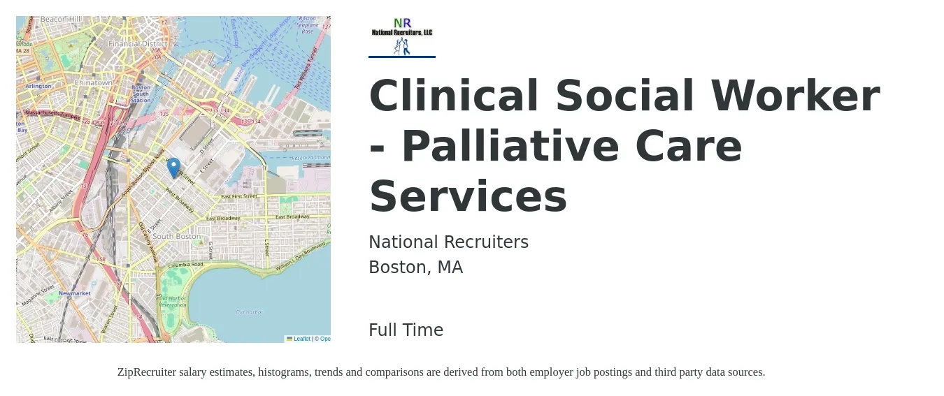 National Recruiters job posting for a Clinical Social Worker - Palliative Care Services in Boston, MA with a salary of $78,200 to $121,700 Yearly with a map of Boston location.