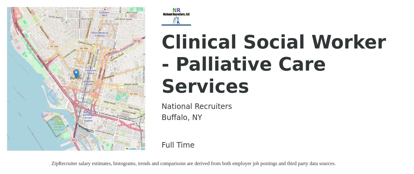 National Recruiters job posting for a Clinical Social Worker - Palliative Care Services in Buffalo, NY with a salary of $69,700 to $108,500 Yearly with a map of Buffalo location.