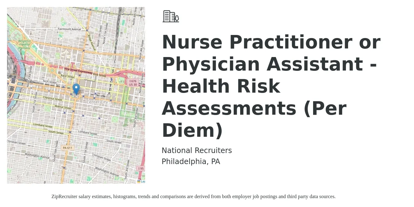 National Recruiters job posting for a Nurse Practitioner or Physician Assistant - Health Risk Assessments (Per Diem) in Philadelphia, PA with a salary of $110,000 to $142,300 Yearly with a map of Philadelphia location.
