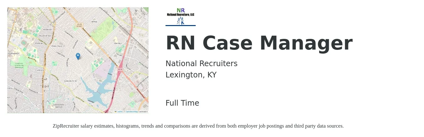 National Recruiters job posting for a RN Case Manager in Lexington, KY with a salary of $36 to $60 Hourly with a map of Lexington location.
