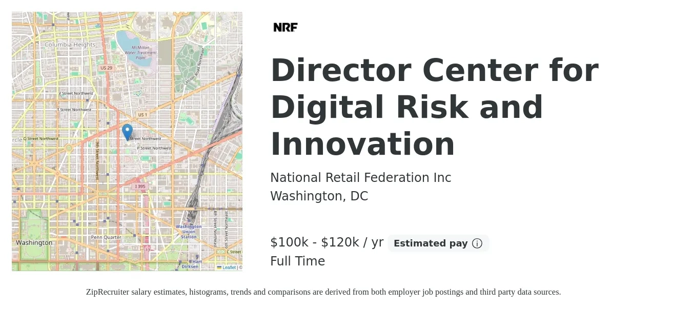 National Retail Federation job posting for a Director Center for Digital Risk and Innovation in Washington, DC with a salary of $96,300 to $184,600 Yearly with a map of Washington location.