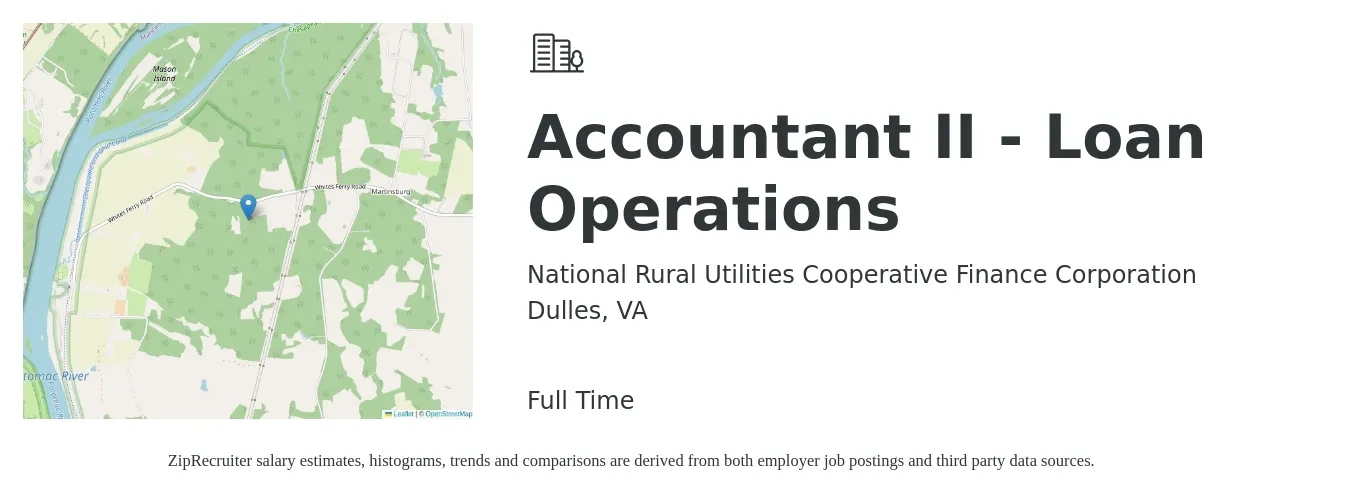 National Rural Utilities Cooperative Finance Corporation job posting for a Accountant II - Loan Operations in Dulles, VA with a salary of $59,400 to $78,700 Yearly with a map of Dulles location.