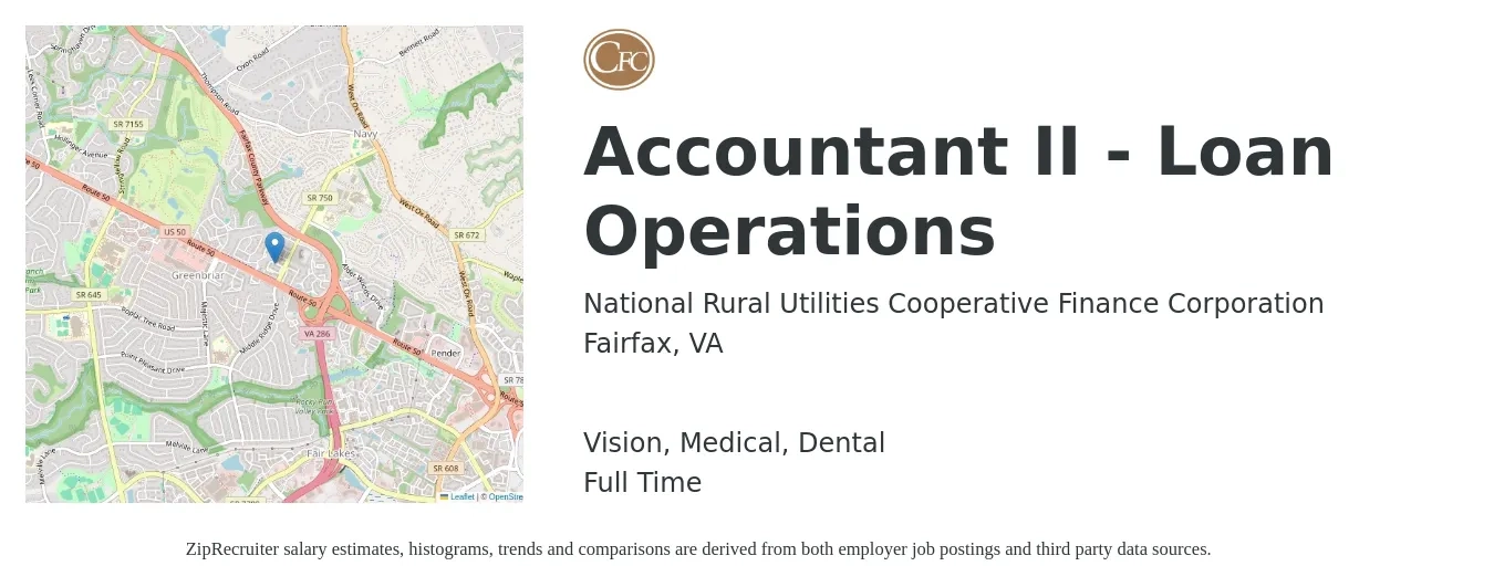 National Rural Utilities Cooperative Finance Corporation job posting for a Accountant II - Loan Operations in Fairfax, VA with a salary of $61,300 to $81,300 Yearly and benefits including pto, retirement, vision, dental, life_insurance, and medical with a map of Fairfax location.