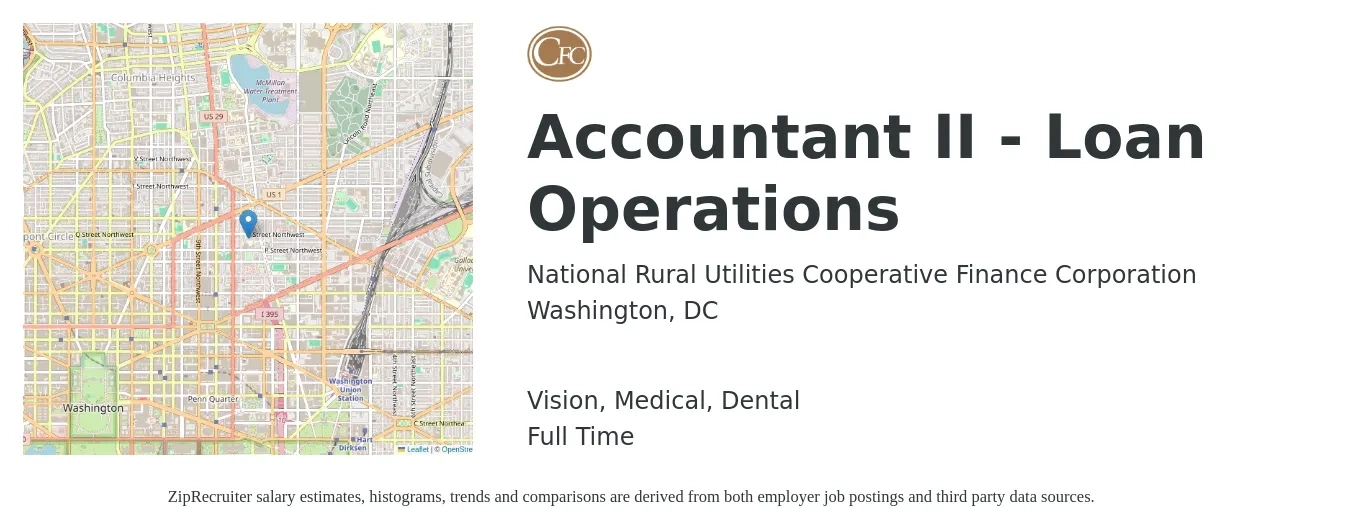 National Rural Utilities Cooperative Finance Corporation job posting for a Staff Accountant in Washington, DC with a salary of $62,300 to $82,100 Yearly and benefits including pto, retirement, vision, dental, life_insurance, and medical with a map of Washington location.