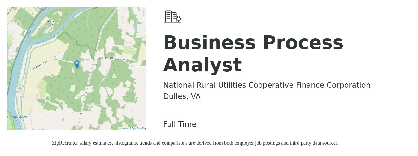 National Rural Utilities Cooperative Finance Corporation job posting for a Business Process Analyst in Dulles, VA with a salary of $60,400 to $81,200 Yearly with a map of Dulles location.