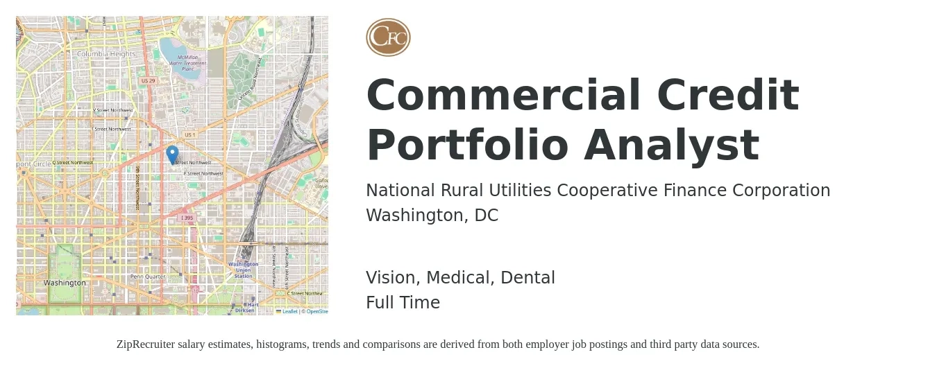 National Rural Utilities Cooperative Finance Corporation job posting for a Commercial Credit Portfolio Analyst in Washington, DC with a salary of $75,300 to $130,200 Yearly and benefits including dental, life_insurance, medical, pto, retirement, and vision with a map of Washington location.
