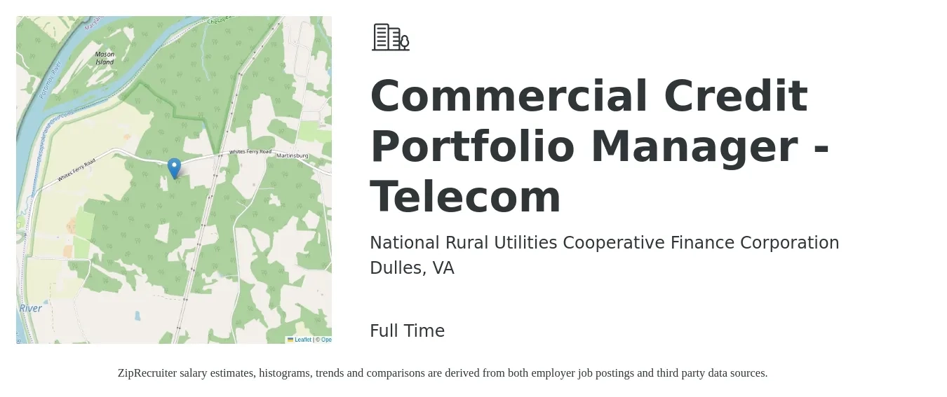 National Rural Utilities Cooperative Finance Corporation job posting for a Commercial Credit Portfolio Manager - Telecom in Dulles, VA with a salary of $89,600 to $123,200 Yearly with a map of Dulles location.