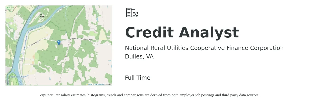 National Rural Utilities Cooperative Finance Corporation job posting for a Credit Analyst in Dulles, VA with a salary of $24 to $35 Hourly with a map of Dulles location.