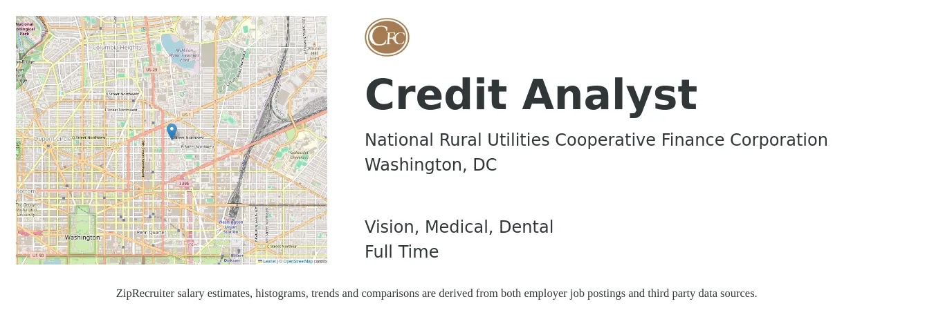 National Rural Utilities Cooperative Finance Corporation job posting for a Credit Analyst in Washington, DC with a salary of $27 to $40 Hourly and benefits including life_insurance, medical, pto, retirement, vision, and dental with a map of Washington location.