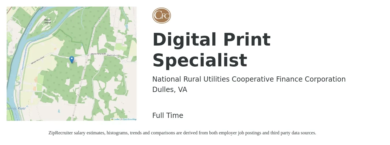 National Rural Utilities Cooperative Finance Corporation job posting for a Digital Print Specialist in Dulles, VA with a salary of $39,100 to $89,600 Yearly with a map of Dulles location.