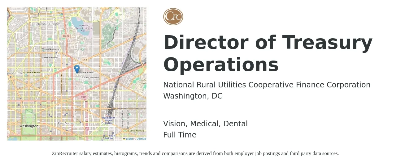 National Rural Utilities Cooperative Finance Corporation job posting for a Director of Treasury Operations in Washington, DC with a salary of $158,000 to $197,100 Yearly and benefits including retirement, vision, dental, life_insurance, medical, and pto with a map of Washington location.